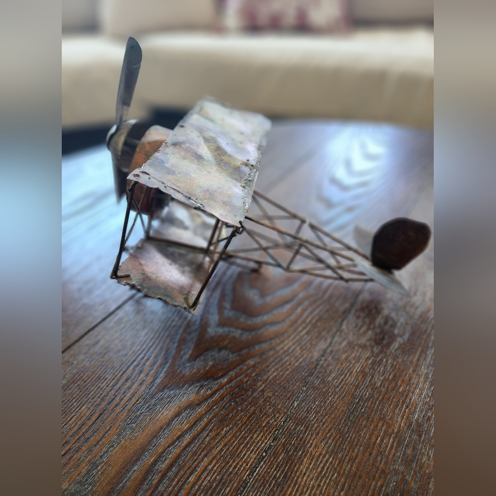 Vintage Antiqued Metal Bi Plane Airplane Music Box